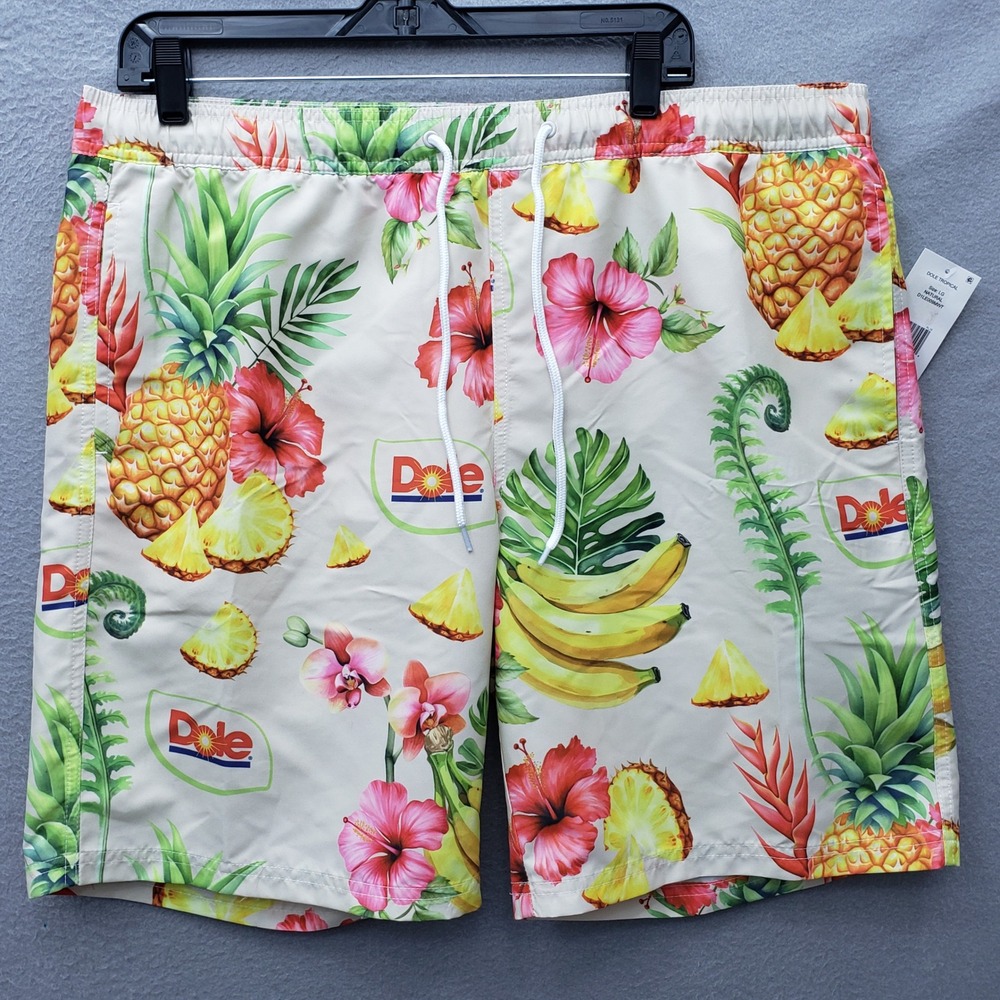 Dole Tropical Fruit Print Swim Trunk Shorts White Hawaiian Vacation Banana L NWT